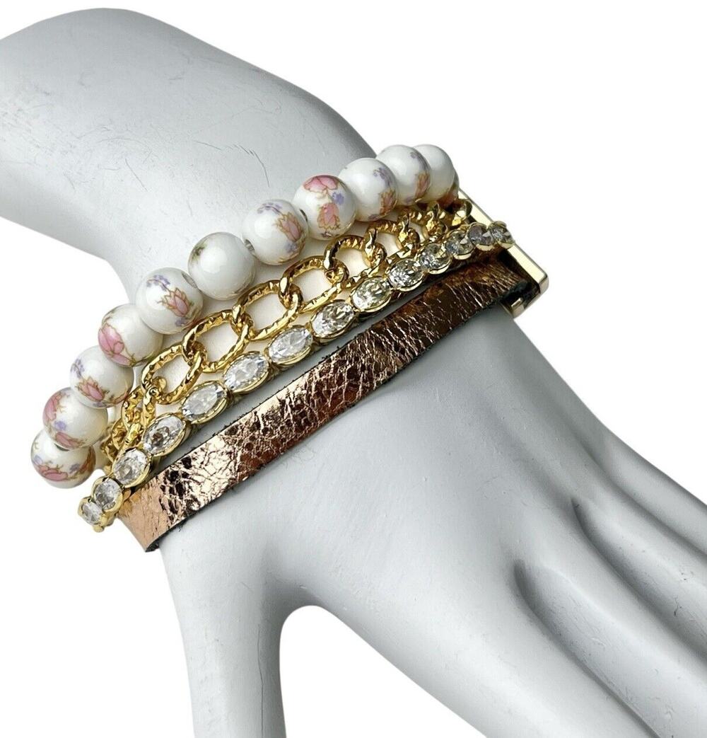 Victoria Emerson Bracelet Mini Boho Cuff Multi Strand Rhinestones Floral Beaded